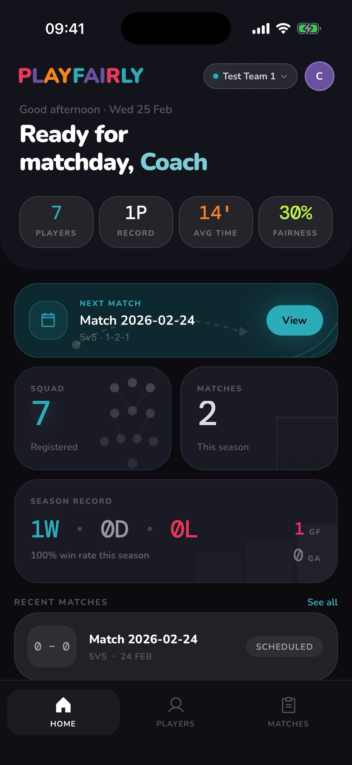 PlayFairly app — Dashboard showing live match and fair play stats
